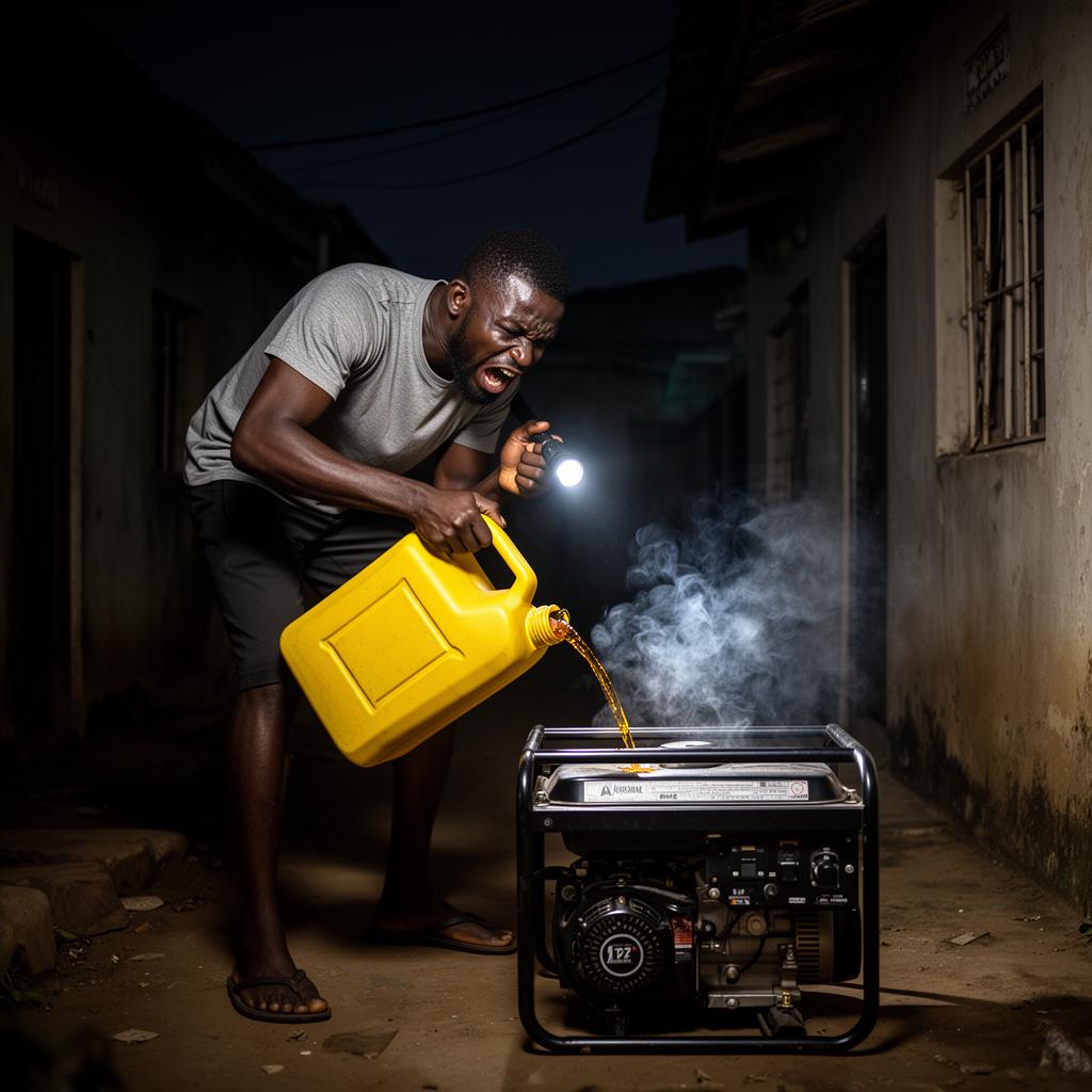 Frustrated man fueling generator at night